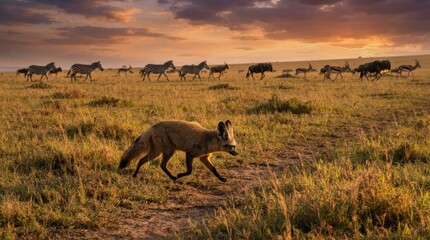 Naklejka premium Bat-eared fox trots across savanna with herd of wildebeest and zebras at sunset