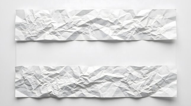 Two horizontal strips of white crumpled paper with rough torn edges isolated on a plain white background for design and creative texture