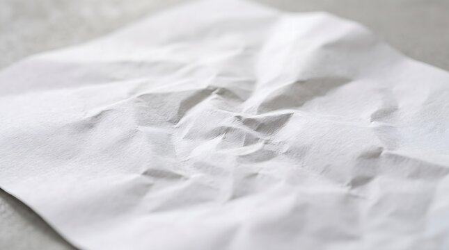 A close up view of a white crumpled paper sheet with soft shadows and highlights creating a textured abstract background for design