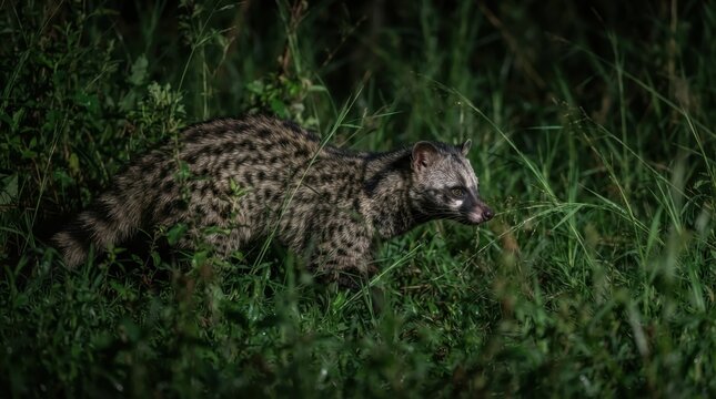 Spotted genet cat cautiously moving through tall green grass at night