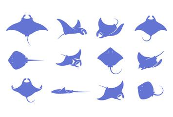 Collection of blue stingray and manta ray silhouettes in different swimming poses with stingray silhouette ray fish sea animals marine creatures ocean wildlife aquatic animals underwater fauna © SOHEL