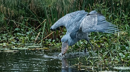 Naklejka premium Shoebill bird with large beak catches fish in shallow swampy waters