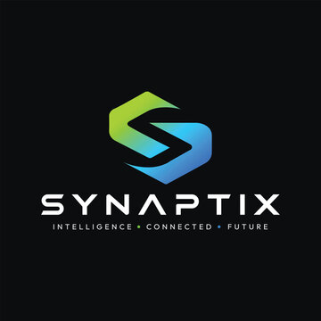 Modern AI technology logo featuring letter S hexagon monogram with green cyan gradient vector