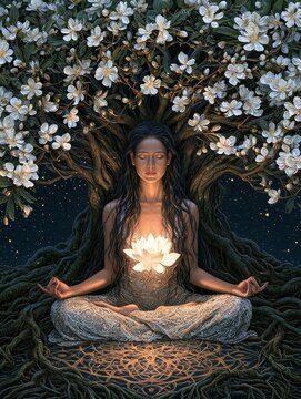 Embracing the gaia goddess a portrait celebrating spiritual connection with nature and vibrant floral elements