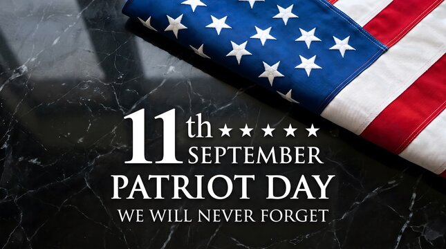 A solemn commemorative image for patriot day on september eleventh featuring an american flag resting on a dark textured background with remembrance