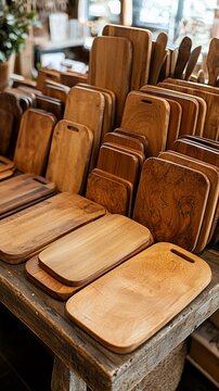 Collection of various sizes and shapes of handcrafted wooden cutting boards displayed on a rustic wooden table.