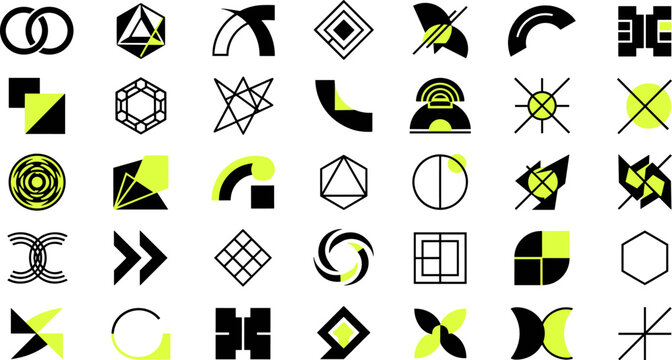 Collection of modern geometric logo icons and abstract vector shapes in black and lime green colors