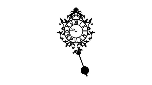 Elegant vintage pendulum wall clock with intricate black ornamental design & Roman numerals.
