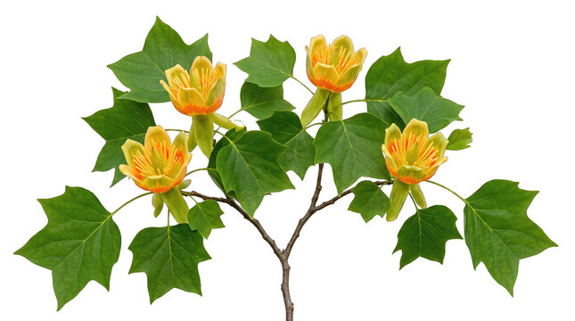 Yellow Tulip Tree Flowers with Green Leaves Branch PNG Isolated on a transparent background