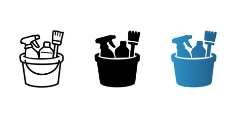Cleaning supply buckets featuring spray bottles and scrub brushes presented in three distinct styles against a clean white background area © Ruman