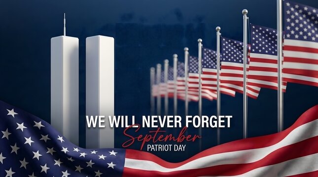 A solemn memorial tribute featuring the twin towers of the world trade center with american flags and the text we will never