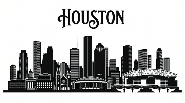 Highly detailed Houston, Texas skyline silhouette featuring iconic downtown architecture, stadiums, bridges and sophisticated HOUSTON lettering.