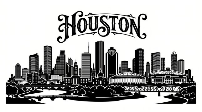 Highly detailed Houston, Texas skyline silhouette featuring iconic downtown architecture, stadiums, bridges and sophisticated HOUSTON lettering.