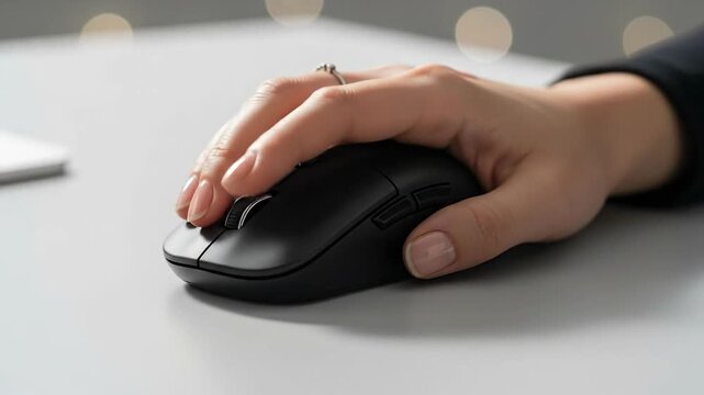 A close-up of a hand using a computer mouse on a sleek surface.