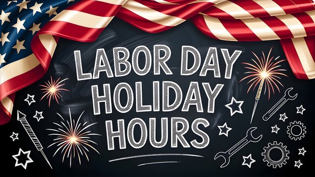 Labor day holiday hours sign with american flag, fireworks, and industrial tools on a black chalkboard background for retail store and business announcements