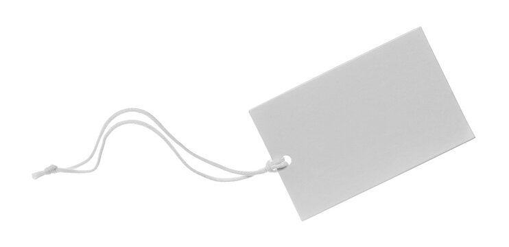 Blank cardboard price tag tied with string flying, isolated on white background, clipping path