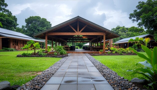 Outdoor wooden pavilion with stone walkway in tropical garden