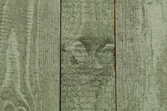 Close up of an old wooden surface made of vertical planks painted in a faded light green color. Rustic architectural background and textured copy space for graphic design.
