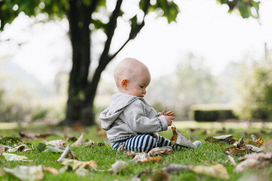 A sweet baby boy wearing a cozy sweater sits on the grass among autumn leaves and looks away with a smile. Relaxed fall season lifestyle and authentic outdoor childhood moments.