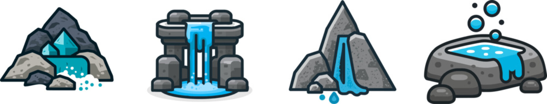 Mountain Spring icon showcases a pristine freshwater spring source with crystal-clear water spouting from dark slate rocks in a minimalist flat design