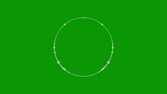 Minimalist white audio waveform ring spinning on a green screen background, circular sound spectrum visualizer for chroma key compositing, radio, and interfaces, exported in Apple ProRes.