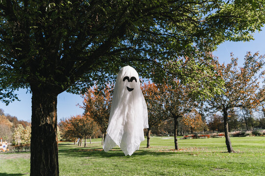 A large handmade white ghost decoration with a funny face hangs from a beautiful green tree in a public park. Spooky seasonal Halloween preparation and festive outdoor lifestyle.