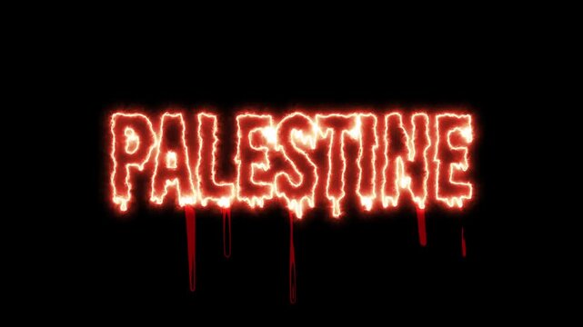 The word Palestine engulfed in flames with dripping blood on a black background