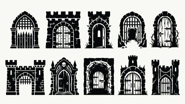 Gothic castle gates and stone archways silhouettes with ancient dungeon entry design elements