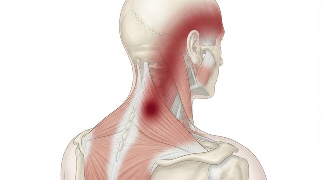 Diagram demonstrates fascia connective tissue and myofascial anatomy highlighting areas of referred pain in the neck and upper body