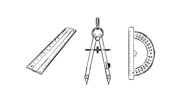 Minimalist doodle line art perfectly illustrating various architectural drafting tools including compass and ruler
