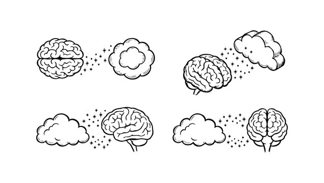 Detailed doodle line art flawlessly displaying beautiful human brains with mechanical gears and clouds