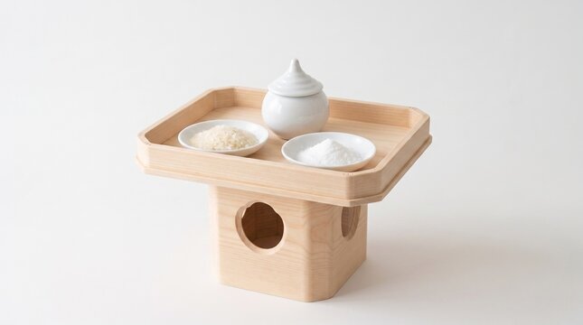 白木の三方に米と塩と水玉を載せた供物セット