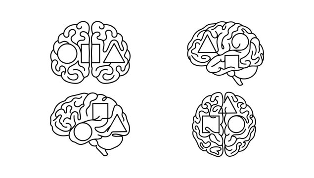 Creative human brains featuring complex mechanical puzzle pieces gracefully drawn with doodle line art