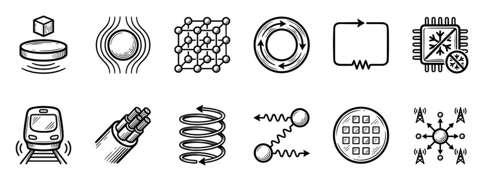 Hand-drawn science and technology icon set illustrating advanced physics concepts like quantum levitation, superconductivity, electronics, and wireless communication in a sketch style