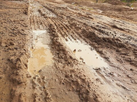 Tire tracks on a muddy dirt road after the rain.