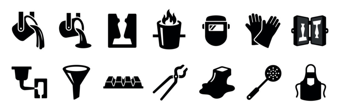 Black foundry and metal casting icon set showing industrial equipment for metallurgy, including a crucible, mold, furnace, mask, and tongs for pouring molten metal