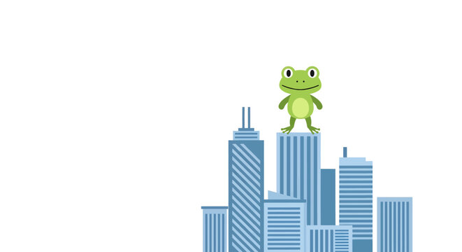 Frog perched atop modern city skyline illustration.