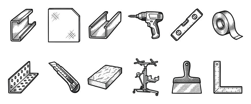Set of hand-drawn drywall installation tools and materials including a drill, level, knife, and metal profiles in a vintage black and white engraving vector illustration style