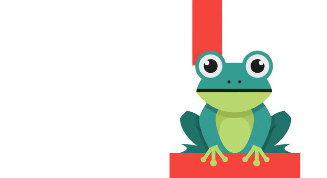 Cute cartoon frog sitting on red block.
