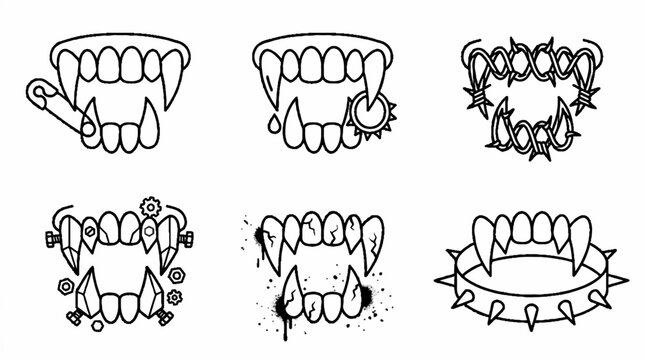 Set of six hand drawn vampire teeth illustrations with punk and gothic accessories.
