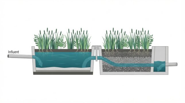 Water flows through a constructed wetland for wastewater treatment, showing the inflow and filtration process in a facility.