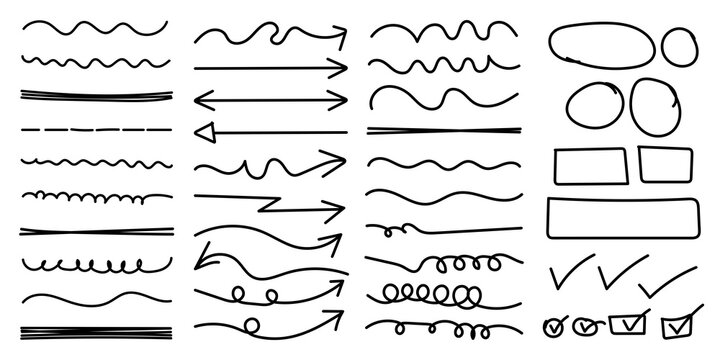 Collection of hand drawn doodle elements including arrows squiggles lines circles squares and check marks