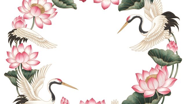 Elegant japanese cranes flying gracefully around blooming pink lotus flowers in this artistic decorative circular frame