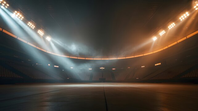Empty indoor arena featuring bright glowing stadium lights reflecting onto the polished wooden basketball court floor