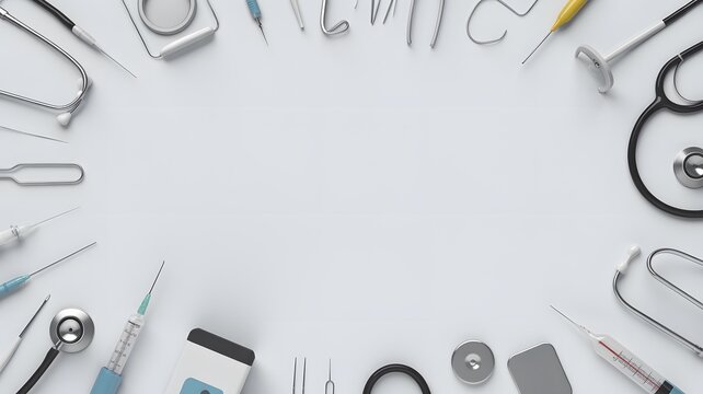 Medical instruments arranged as a circular border frame on a clean white professional studio surface