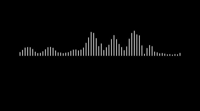Futuristic audio wave visualization on black background, dynamic white sound waveform, music spectrum animation, digital frequency equalizer lines, abstract audio visualizer 4k