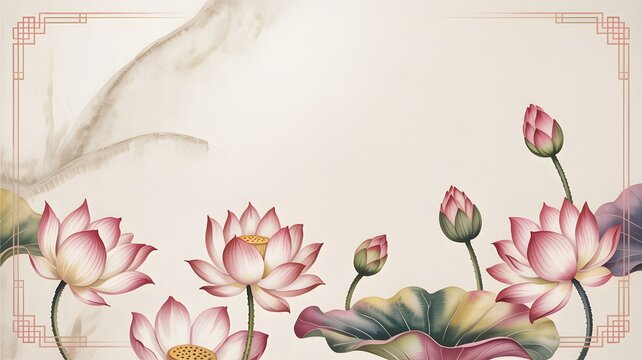 Beautiful pink lotus flowers blooming in traditional chinese style illustration with elegant delicate decorative frame border
