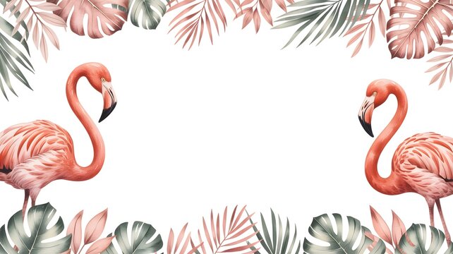 Elegant pink flamingos frame lush tropical palm leaves in this beautiful artistic watercolor border design illustration