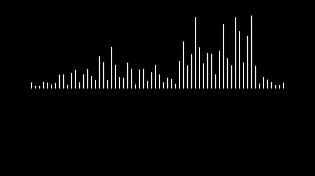 Music sound wave animation on black background, white audio visualizer spectrum, futuristic digital frequency waveform, abstract equalizer lines, audio waves oscillation 4k