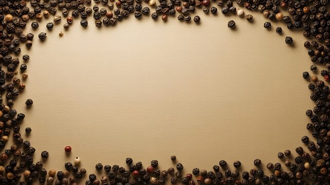 Round dried black peppercorns arranged as a decorative frame border on a textured beige background surface